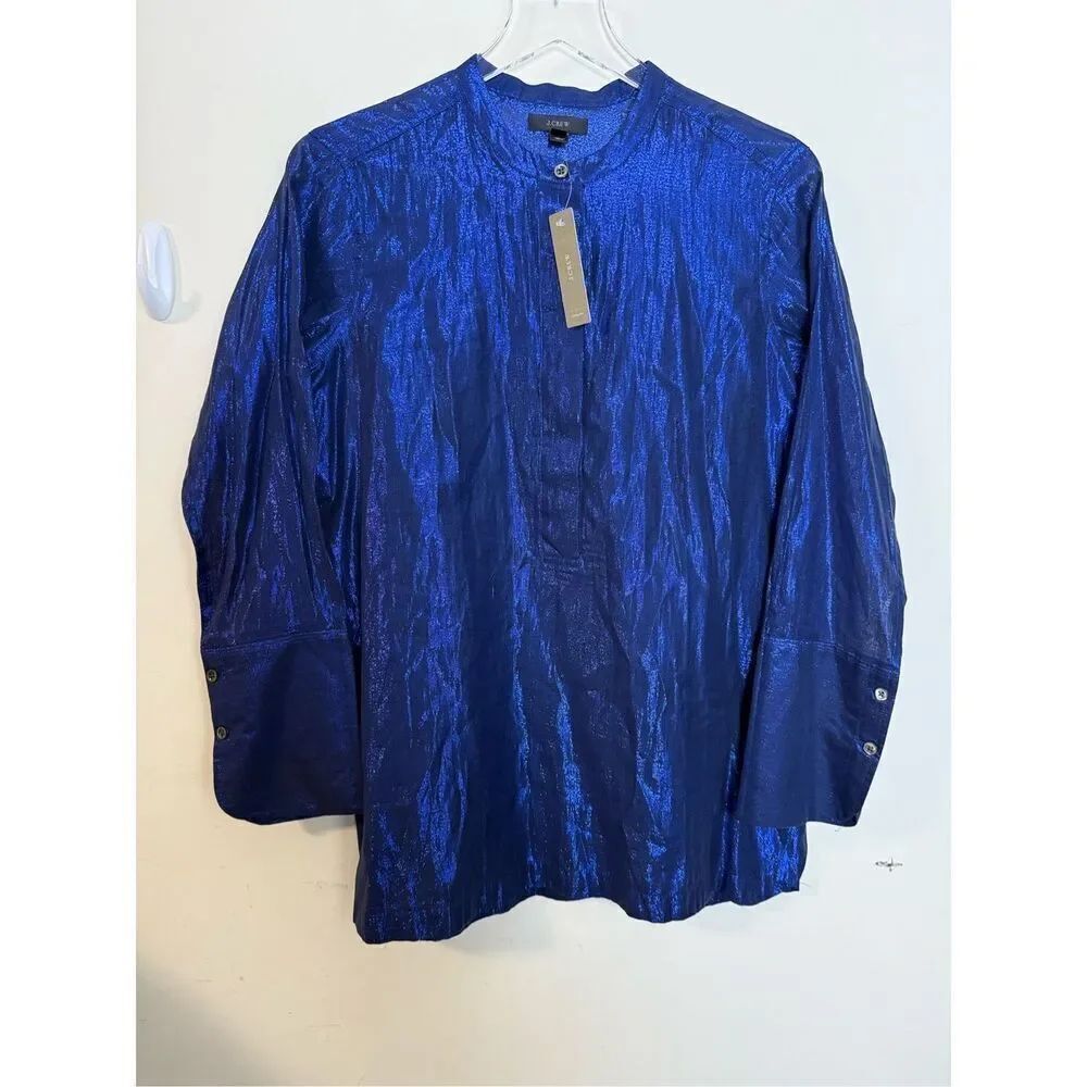 J Crew Popover Blouse Metallic Blue Size 4 NWT
